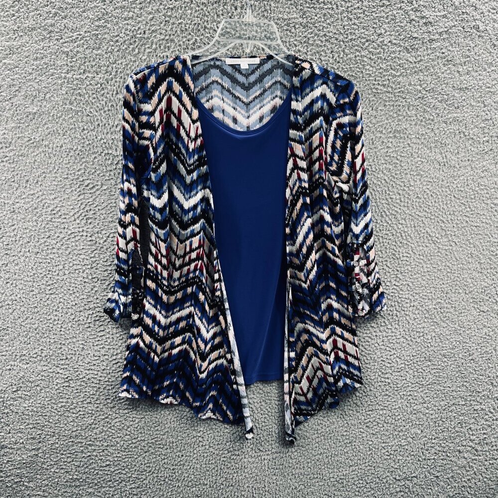 Linda Matthews Womens Top Small Blue Geometric 3/4 Sleeve Layered Look‎ Shirt